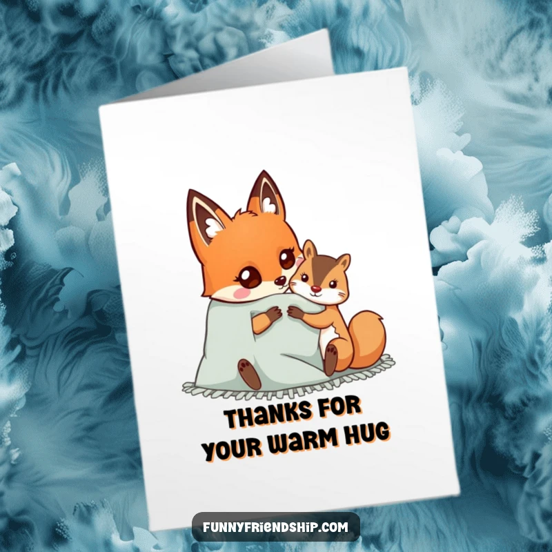 Funny Free Printable Thank You Card capturing a fox and squirrel sharing a cozy blanket, a sweet gesture of appreciation.