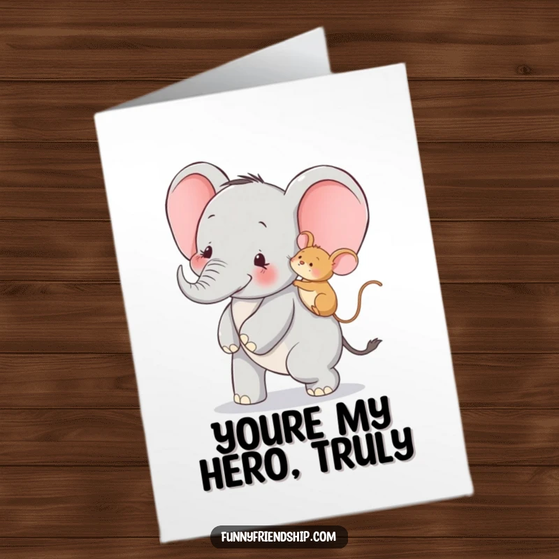 Funny free printable thank you card: Elephant happily carrying a mouse on its back, expressing gratitude.