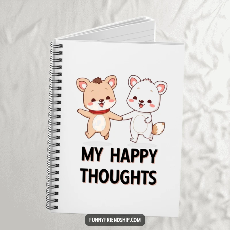 Funny notebook with two animal characters holding hands and skipping, inspiring cheerful thoughts and creative inspiration.