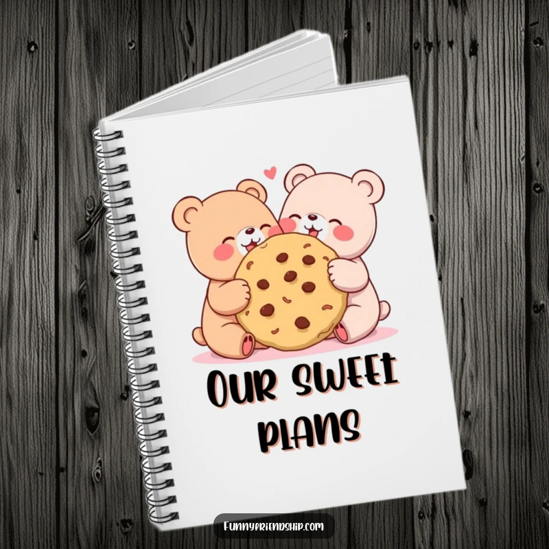 Funny notebook featuring two cute bears joyfully sharing a giant cookie, perfect for jotting down sweet ideas.