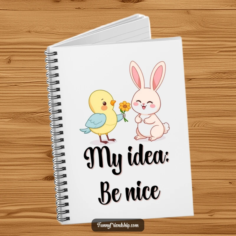 Funny notebook with a cute cartoon of a bird offering a flower to a happy rabbit, ideal for journaling and notes.