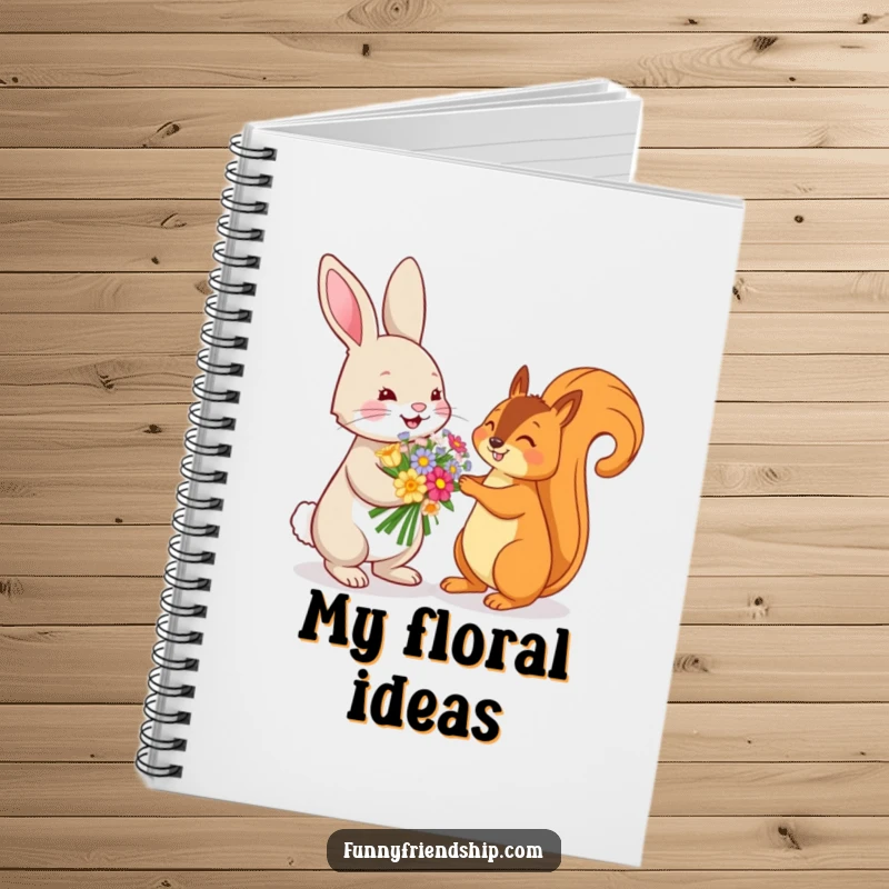 Funny notebook featuring a playful rabbit offering a flower bouquet to a squirrel, ideal for note-taking and nature-themed journaling.