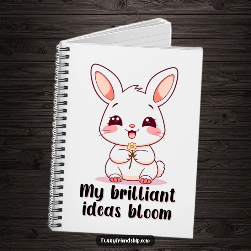 Funny Notebook: Cover art of a grinning bunny character offering a small flower, ideal for journaling or note-taking.