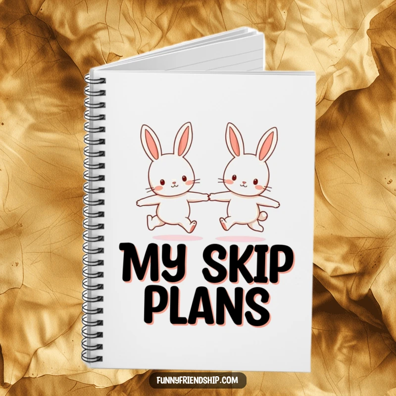 Funny notebook cover featuring two playful bunny characters skipping joyfully while holding hands, perfect for creative note-taking.