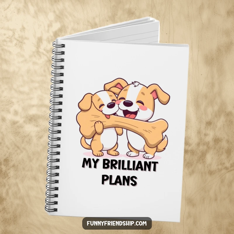 Funny notebook featuring two dogs, one sharing a large bone with another, ideal for note-taking and dog-themed journaling.