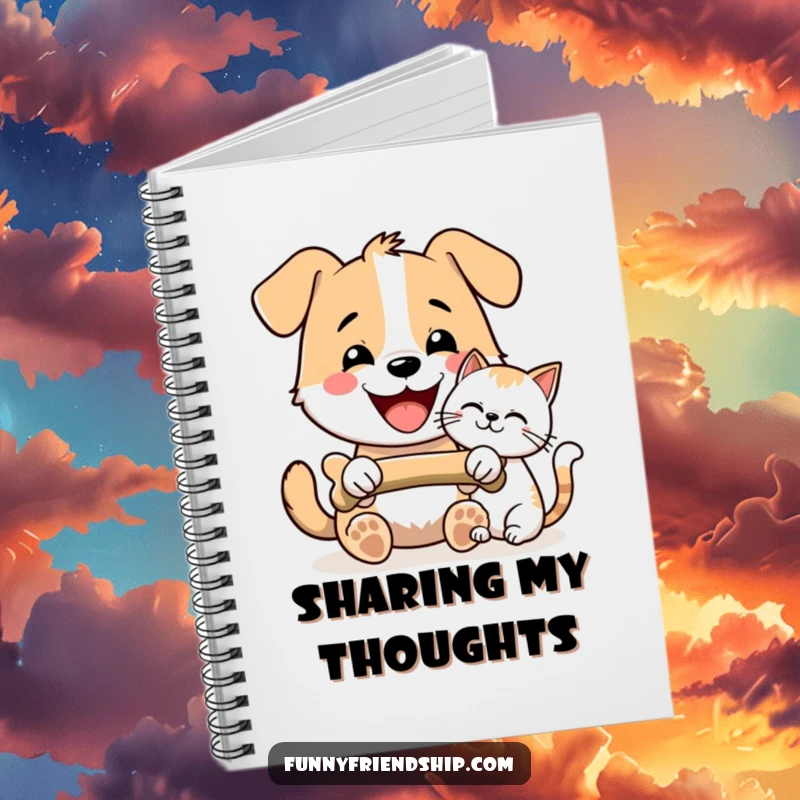 Funny Dog and Cat Bone Sharing Notebook: Dog and cat sharing a bone, cute stationery for notes and journaling, a funny pet gift.