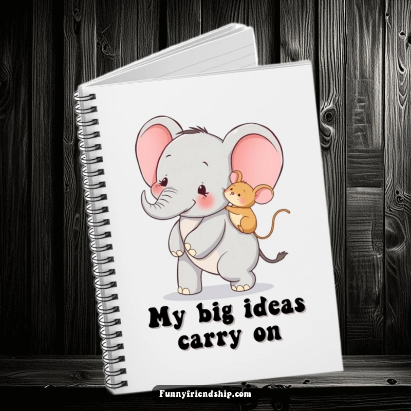Funny notebook cover featuring an elephant giving a mouse a piggyback ride, perfect for jotting down thoughts humorously.
