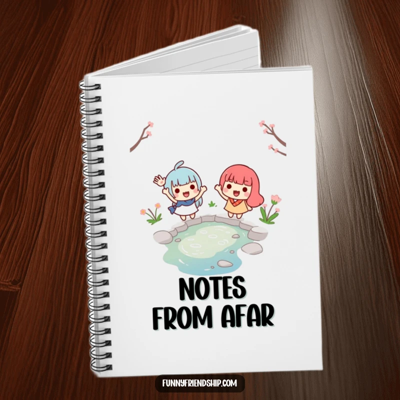 Funny notebook with two smiling characters waving goodbye across a tiny stream, encouraging thoughtful writing and capturing heartfelt farewells.
