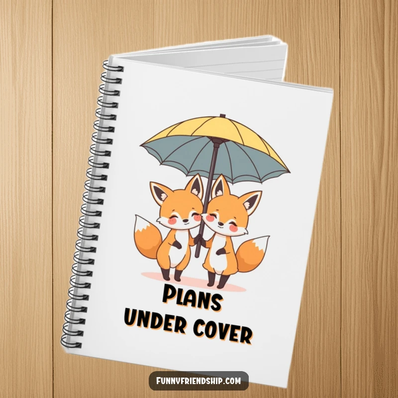 Funny notebook with a cartoon of two happy foxes sharing a large umbrella, perfect for notes and daily planning.