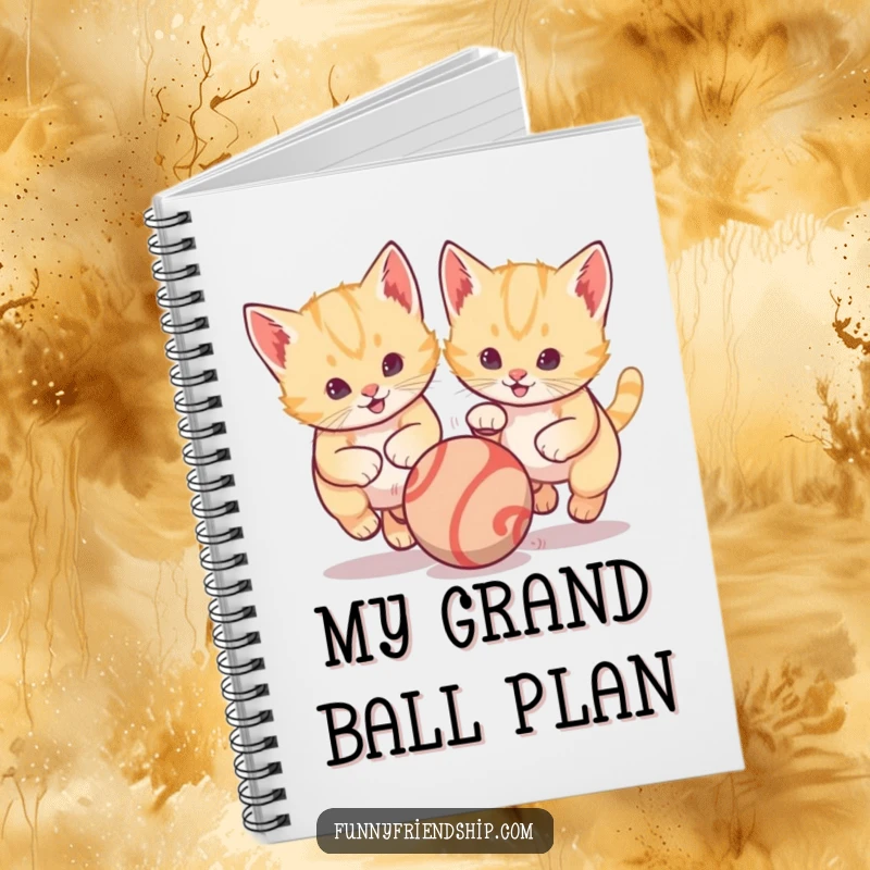 Funny notebook with two playful kittens chasing a bouncing ball across the cover, encouraging creative writing and capturing joyful moments.