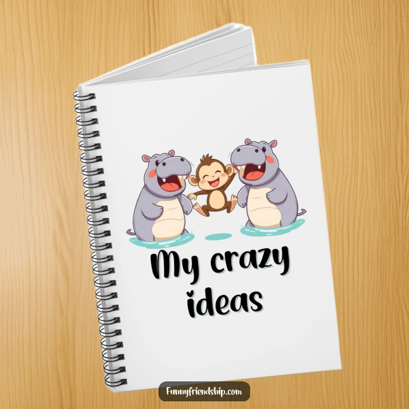 Funny notebook with a joyful monkey leaping between two friendly hippos, a charming and humorous cover for all your notes.