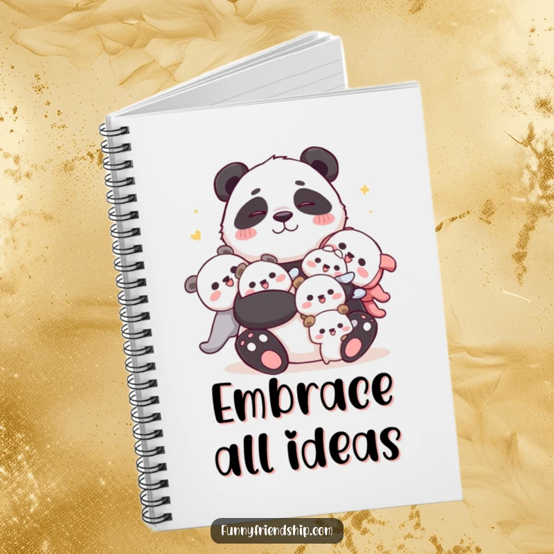 Funny panda notebook with a cuddly panda hugging characters, perfect for jotting down ideas with a smile.