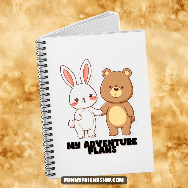 Funny rabbit and bear characters holding hands, a humorous cartoon notebook for writing, drawing, and capturing sweet memories.