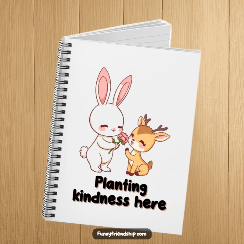 Funny notebook featuring a rabbit offering a flower to a deer, ideal for journaling or note-taking with a humorous touch.