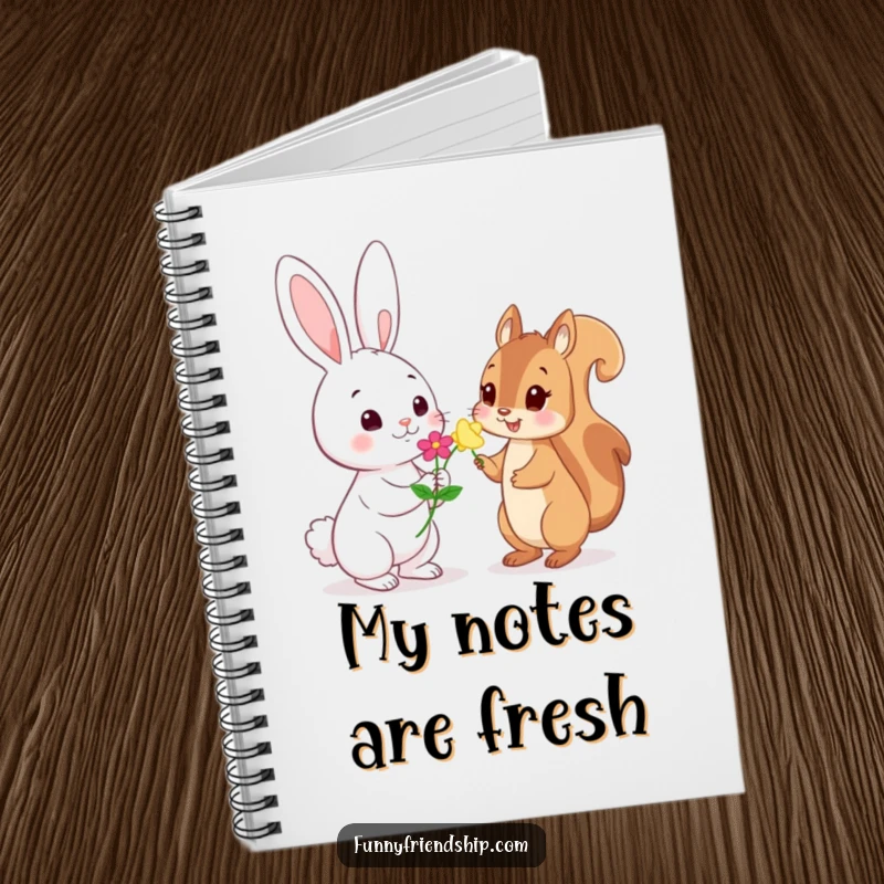 Funny Notebook: Playful rabbit character offering a flower to a shy squirrel character, ideal for jotting down gentle thoughts and ideas.