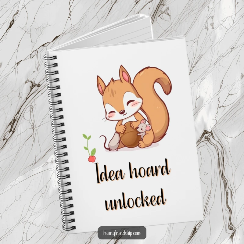 Funny Notebook: Cover art of a curious squirrel sharing a nut with a tiny mouse, ideal for journaling or note-taking.