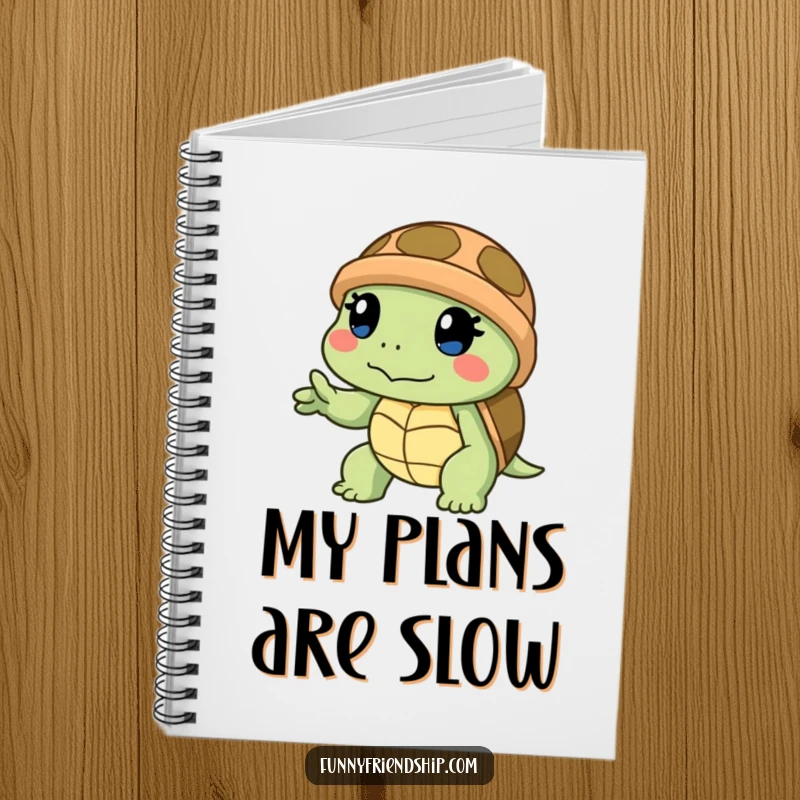 Funny notebook with a determined turtle slowly offering a helping hand on the cover, inspiring steady progress and kindness.