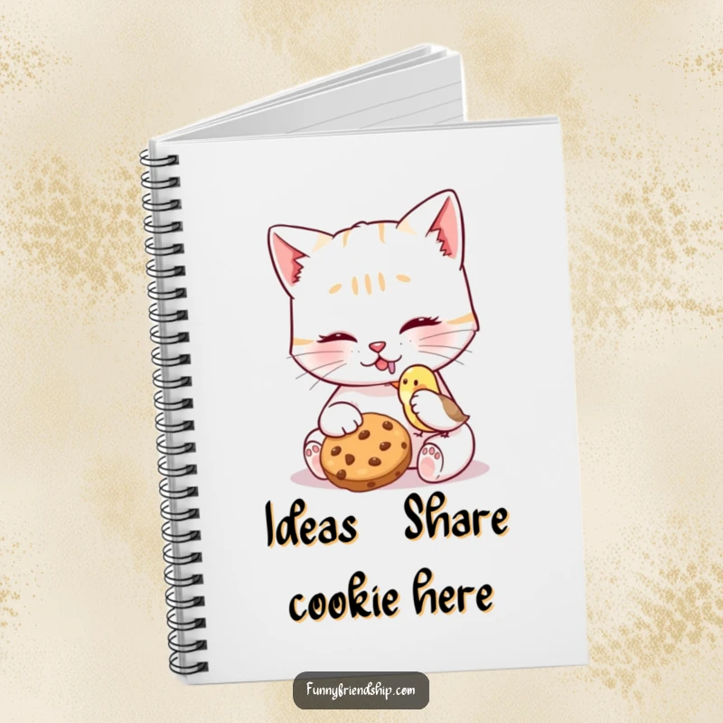 Funny Cat Bird Cookie Notebook showing a kind cat sharing a cookie with a tiny bird, perfect for jotting down sweet thoughts and plans.