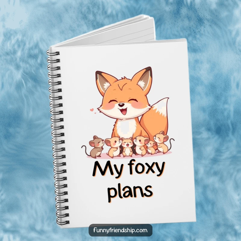 Funny notebook cover featuring a friendly fox character laughing with a group of small, happy mice, perfect for creative note-taking.