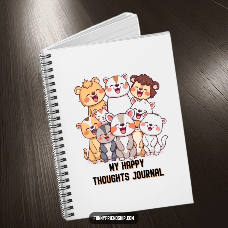 Funny notebook with a diverse group of animal characters laughing joyfully, encouraging happy writing and capturing moments of shared amusement.