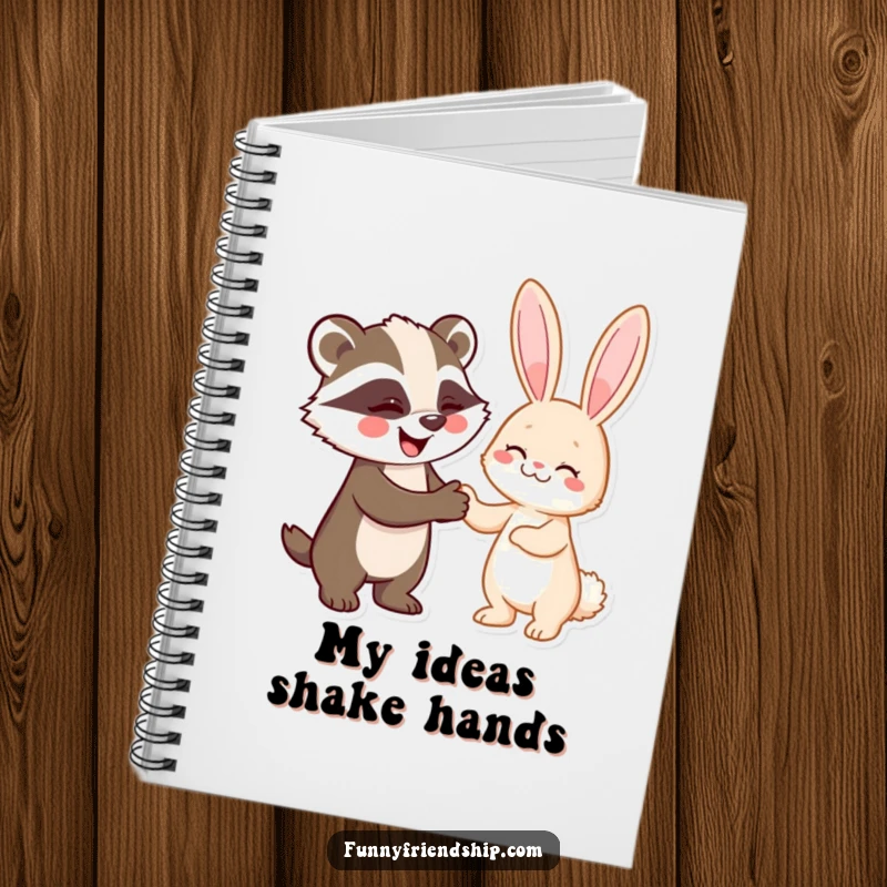 Funny notebook cover featuring a badger and rabbit shaking hands, great for jotting down notes and pacts humorously.