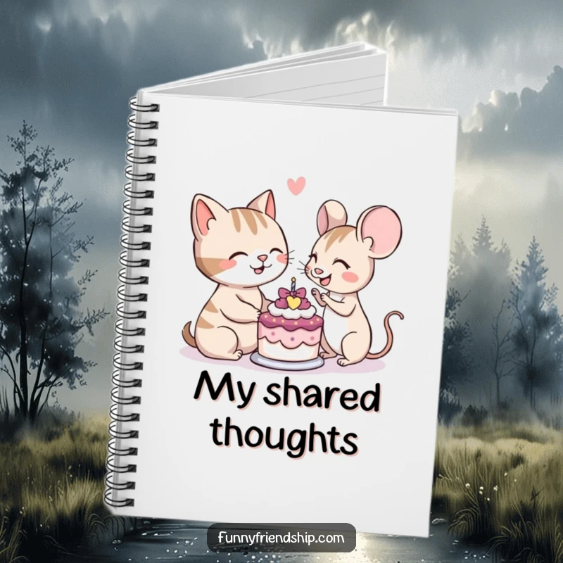 Funny notebook cover featuring a cat and mouse character smiling while sharing a small cake, perfect for journaling.