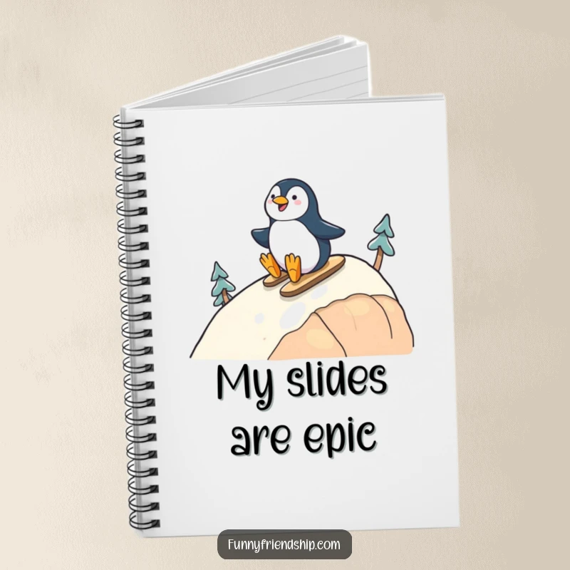 Funny notebook with cheerful penguins sliding down a hill on the cover, inspiring creativity with a winter friendship theme.