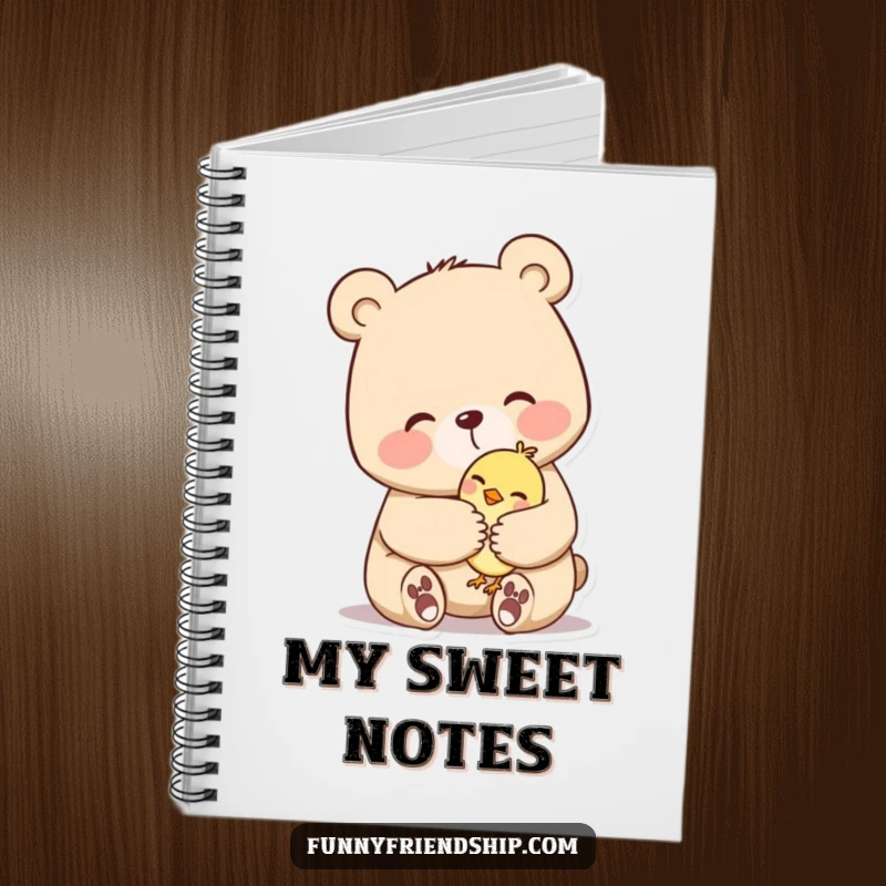 Funny notebook cover featuring a bear character in a loving hug with a small bird. Ideal for notes and reflections.