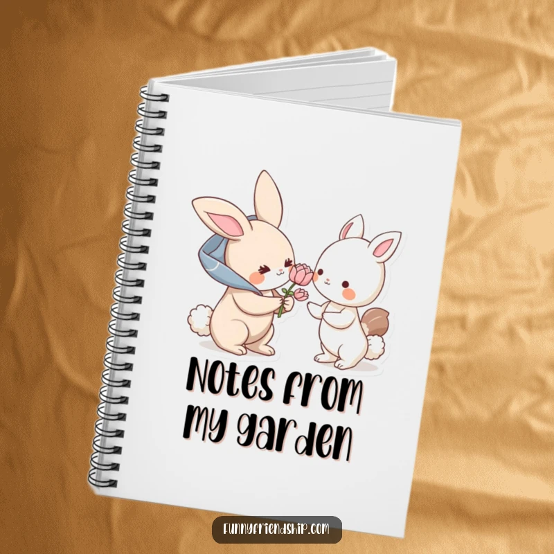 Funny notebook: a bunny character offers a flower to another animal, perfect for jotting down kind thoughts and sweet ideas.