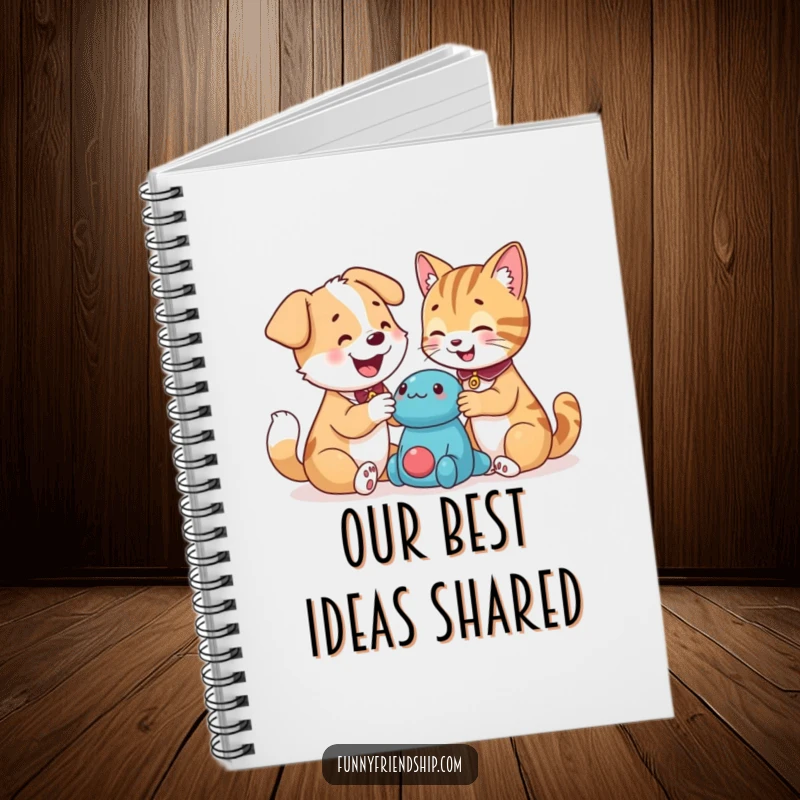 Funny dog and cat characters sharing a toy, beautifully illustrated on the cover of a notebook, a funny gift for writers and artists.