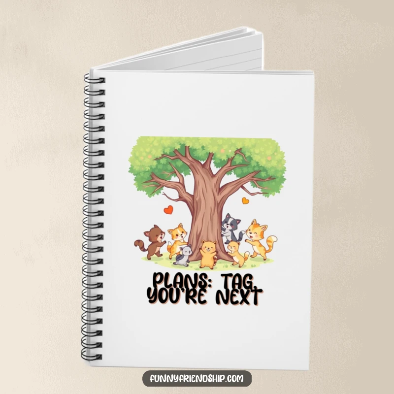 Funny Animal Tag Notebook showing happy animals playing tag around a tree, perfect for jotting down fun thoughts and plans.