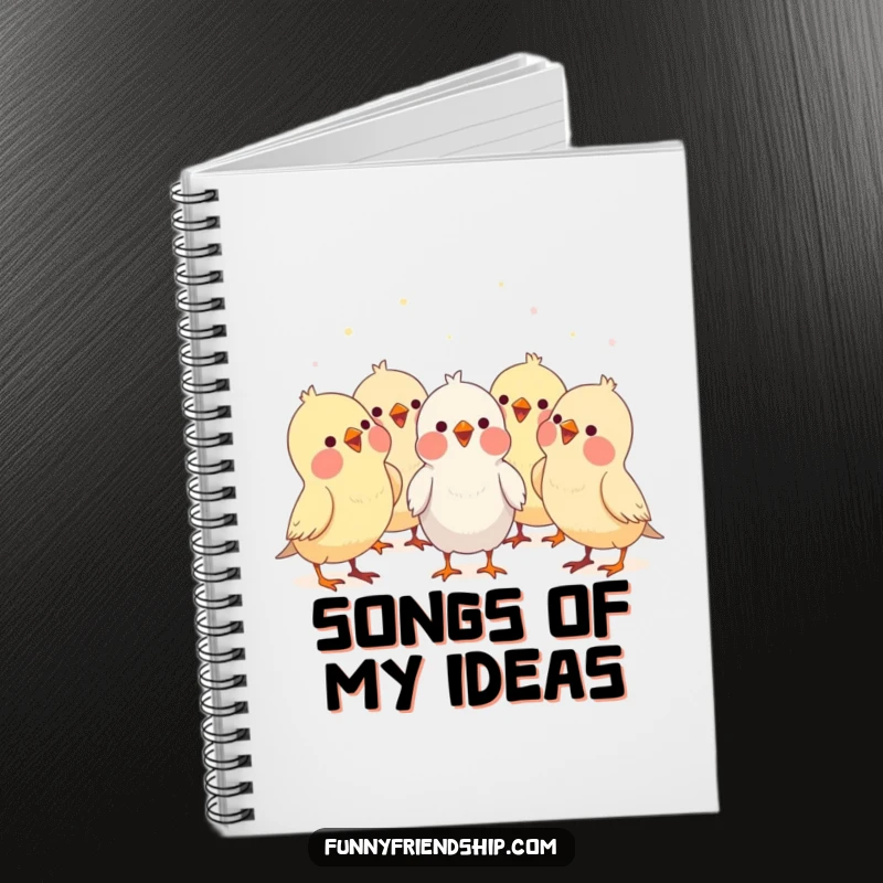 Funny bird characters forming a choir, singing together, a humorous cartoon notebook for jotting down musical ideas and thoughts.
