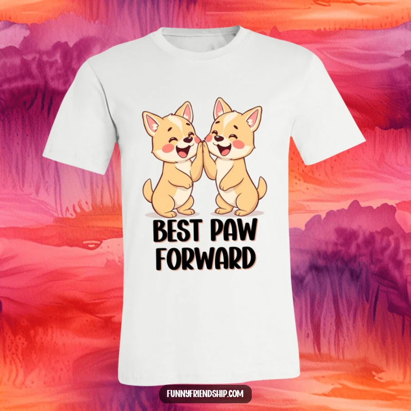 Funny t-shirt print of two happy dog characters enthusiastically giving each other a high five, exuding joy.
