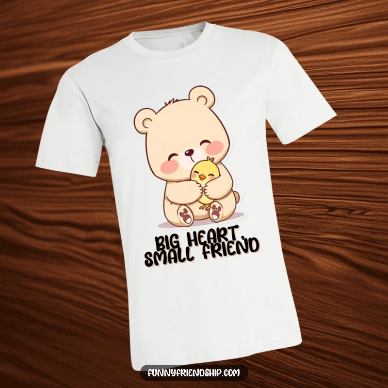 Funny t-shirt featuring a large bear character tenderly hugging a small bird character. Expresses warmth and affection.