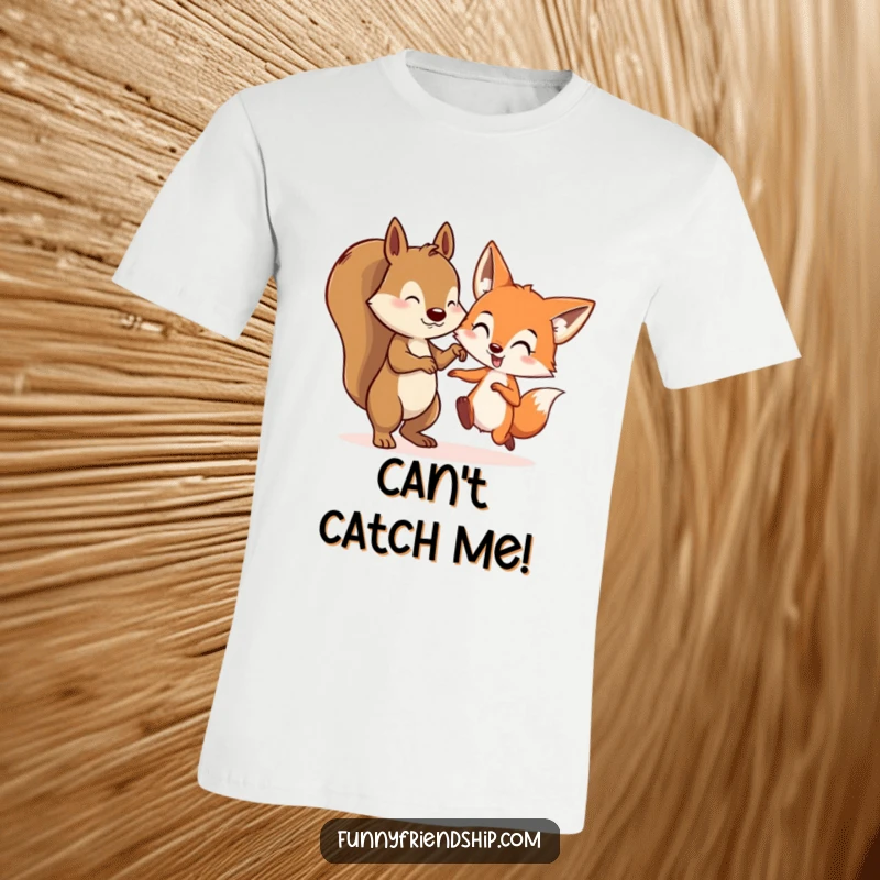 Funny t-shirt depicting a squirrel and a fox in a lively game of tag, showcasing dynamic forest creature interaction.