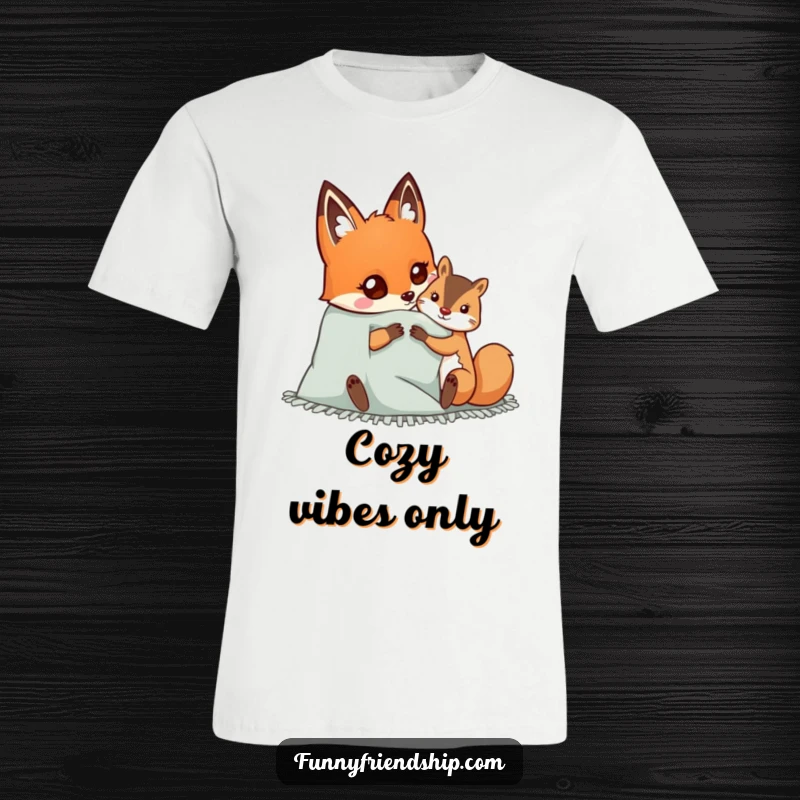 Funny t-shirt with a happy fox and a squirrel sharing a cozy blanket, highlighting themes of friendship, comfort, and happy togetherness.