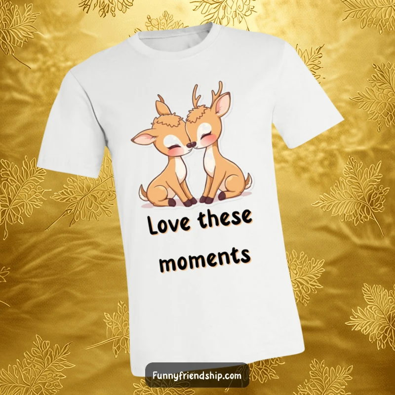 Cute deer t-shirt featuring two deer characters nuzzling affectionately, a sweet and romantic gift for couples.