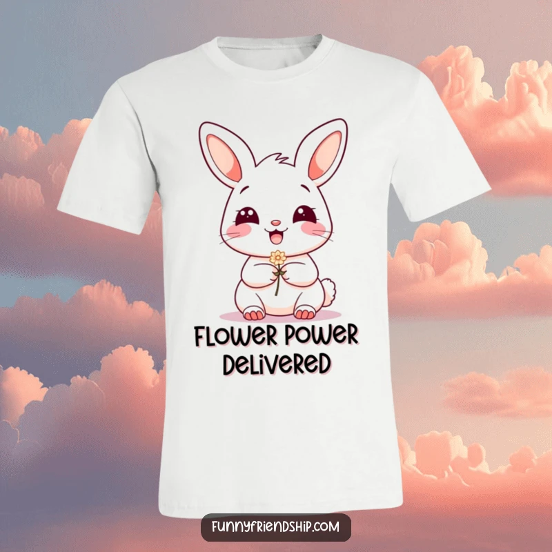 Funny T-Shirt: A grinning bunny character extending a small flower, offering a gesture of friendship and joy.