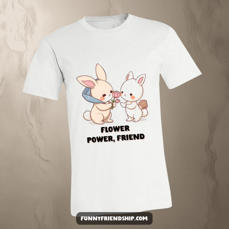 Funny t-shirt: a bunny character offers a flower to another animal, illustrating a humorous and heartwarming act of generosity.