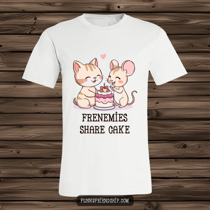 Funny t-shirt print of a cat and a mouse character smiling while sharing a small cake, representing peace.