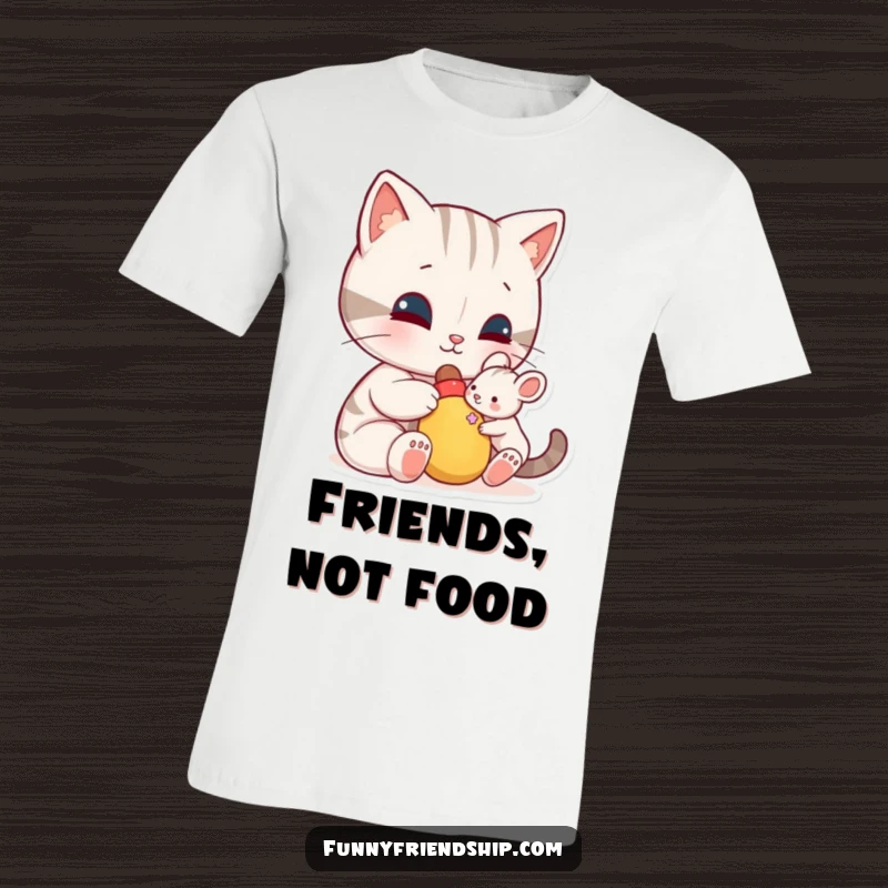 Funny t-shirt: a cat character shares a toy with a small mouse, illustrating a humorous and heartwarming scene of interspecies harmony.