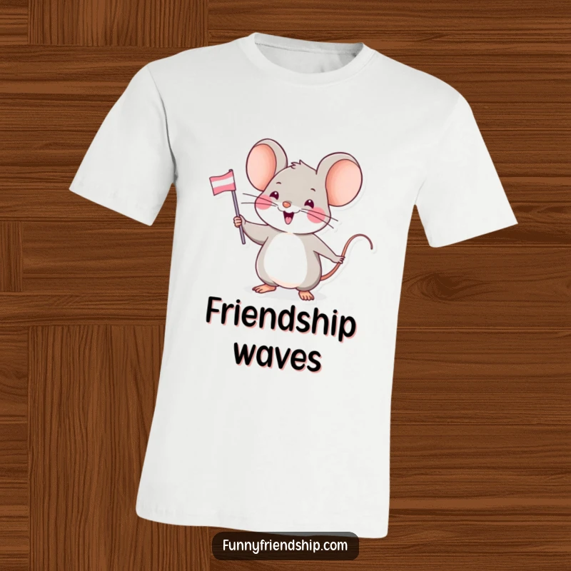 Funny t-shirt illustration of an energetic mouse character enthusiastically waving a miniature friendship flag, symbolizing camaraderie.