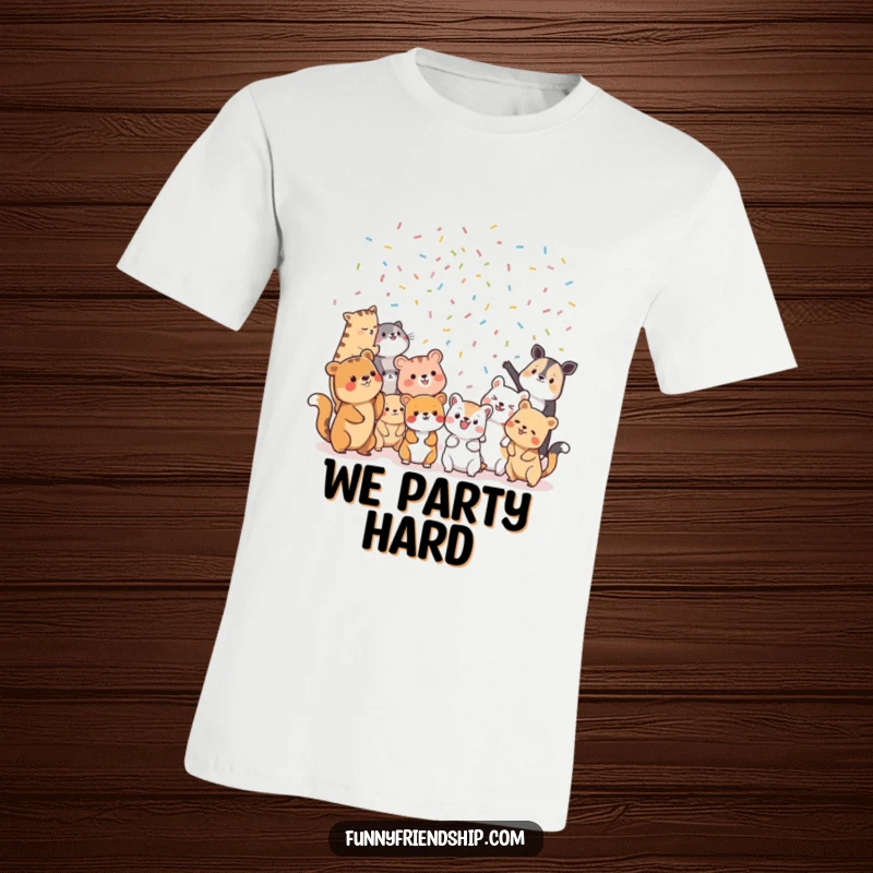 Funny T-Shirt: A group of diverse animal characters enthusiastically tossing confetti at each other in a joyous celebration.