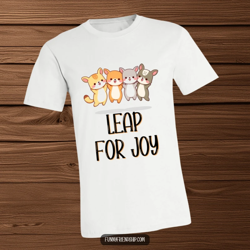 Funny Animal Friends Jumping T-Shirt: Group of animals holding hands and jumping, pure joy and celebration, a fun and funny gift.