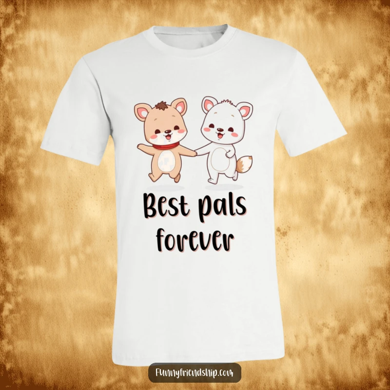 Funny t-shirt with two animal characters holding hands and skipping, a delightful depiction of pure joy and camaraderie.