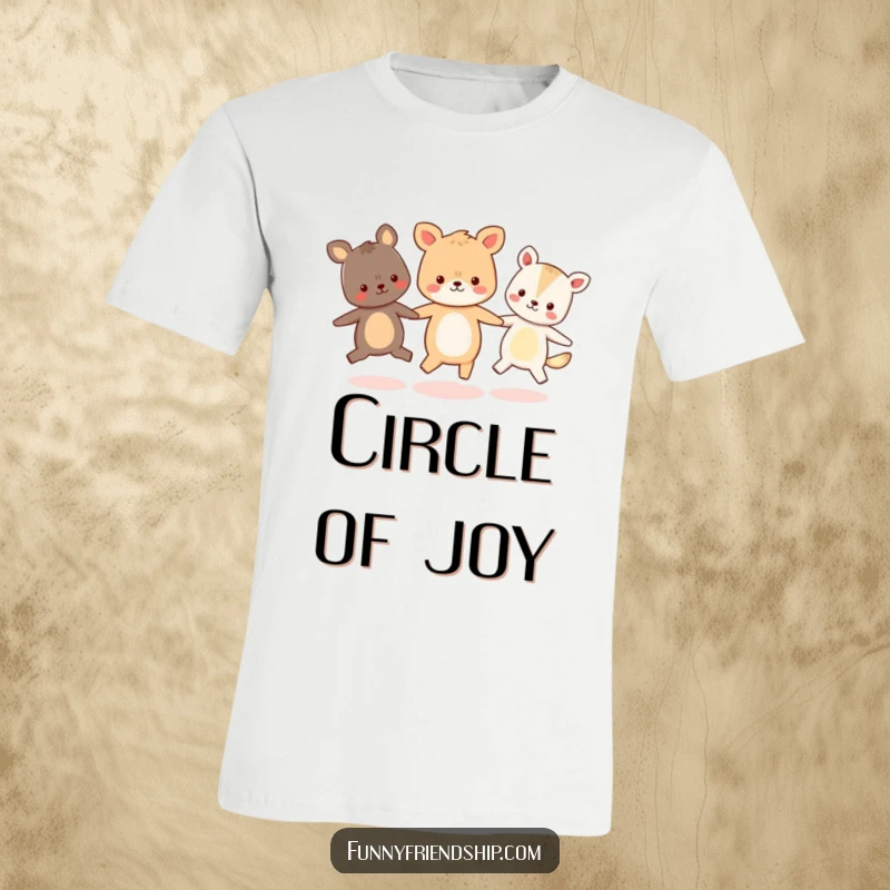 Funny t-shirt print of three cute animal characters holding hands and skipping in a cheerful circle, exuding happiness.