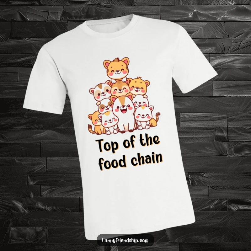 Funny t-shirt with a smiling animal pyramid, representing unity and fun, ideal for gifting to cheerful individuals.