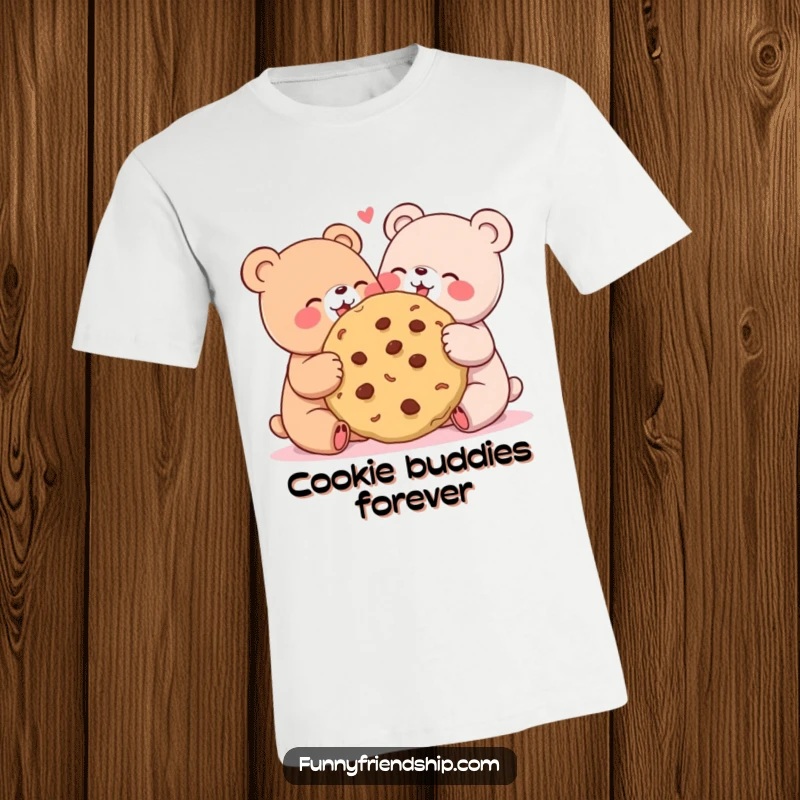 Funny t-shirt with two cute, joyful bears sharing an oversized cookie, perfect for friendship appreciation.