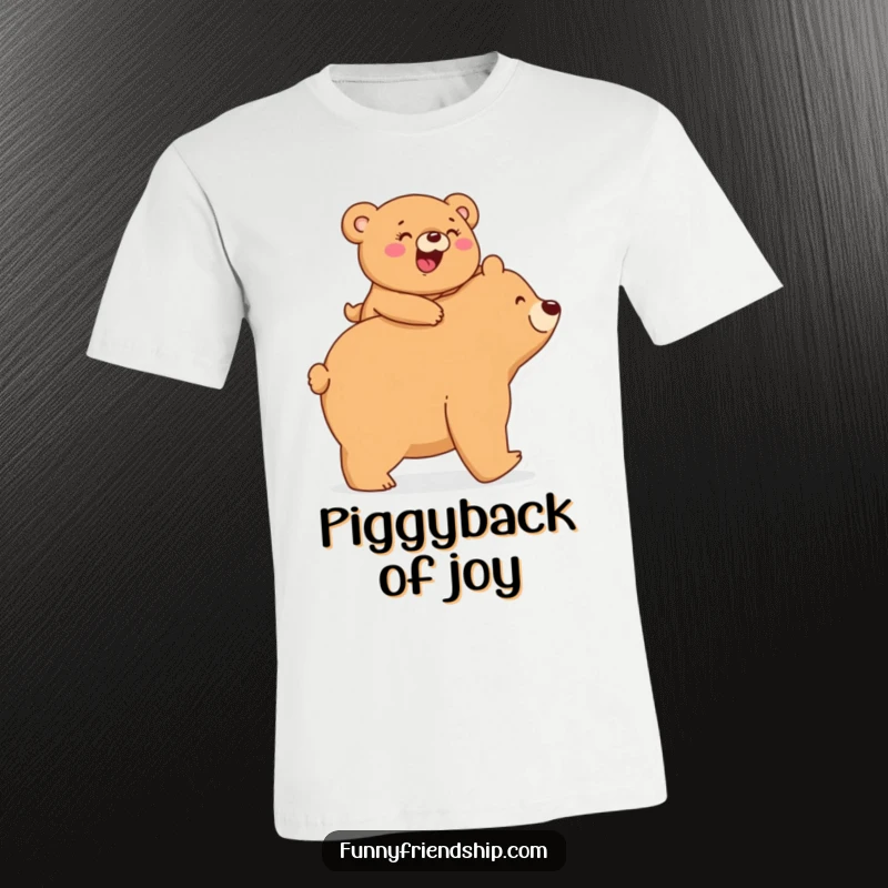 Funny T-Shirt: A small bear giggles joyfully while riding piggyback on a larger bear, depicting heartwarming, humorous family love.