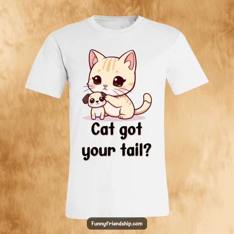 Funny T-Shirt depicting a mischievous cat playfully pawing a small dog, showcasing hilarious pet dynamics and cute animal antics.